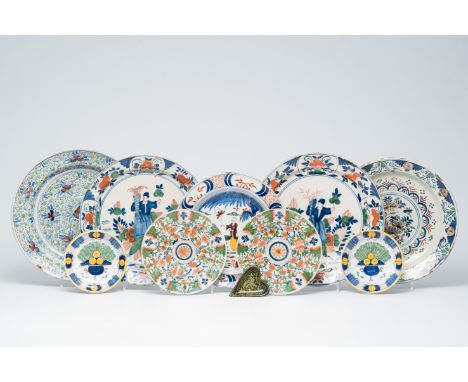Full title: Nine Dutch Delft polychrome dishes and plates and a black Delftware sweetmeat dish, 18th/19th C.Description:Dia.: