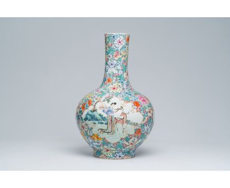 Full title: A Chinese famille rose 'millefleurs' bottle vase with Immortals in a landscape, Kangxi mark, Republic, 20th C.Des