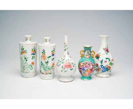 Full title: Five various Chinese famille rose and famille verte vases with floral and Mandarin design, Kangxi/QianlongDescrip