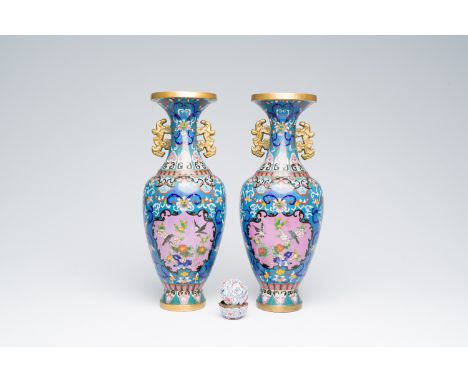 Full title: A pair of Chinese cloisonne vases with birds among blossoming branches and a Canton enamel 'lotus scrolls' box an
