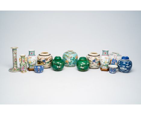 Full title: A varied collection of Chinese blue, white, famille rose and famille verte vases and jars, 19th/20th C.Descriptio