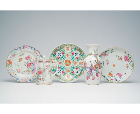 Full title: A varied collection of Chinese famille rose porcelain with floral design and figures in a landscape, Yongzheng an
