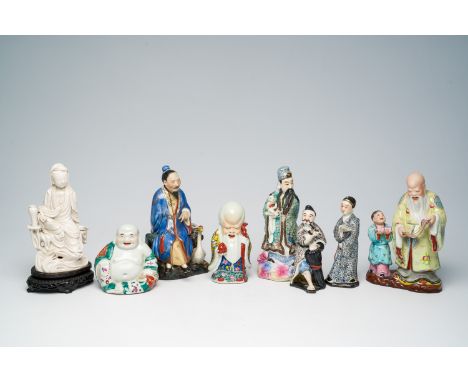 Full title: Eight various Chinese famille rose, polychrome and blanc de Chine figures, 19th/20th C.Description:H 22 - 12 cm (