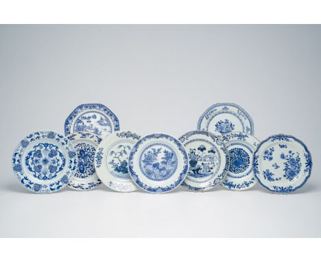 Full title: Nine Chinese blue and white plates with landscapes, animals and floral design, Kangxi/QianlongDescription:Dia.: 2