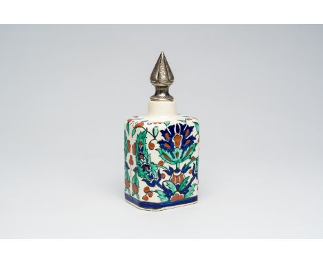 Full title: A polychrome Iznik-style tea caddy with silver cover, Boch Freres Keramis, first half 20th C.Description:H 20,5 -