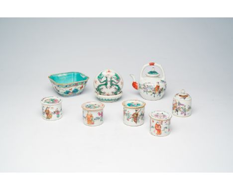 Full title: A varied collection of Chinese famille rose and qianjiang cai porcelain with dragons, a lotus pond and figures, 1