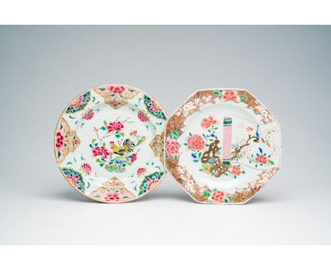 Full title: Two Chinese famille rose plates with a rooster and a scroll surrounded by flowers, Yongzheng/QianlongDescription: