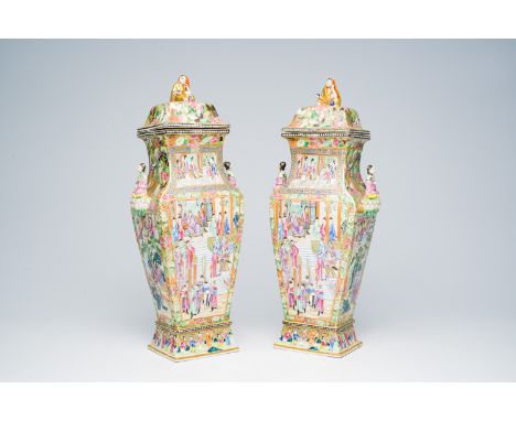 Full title: A pair of fine quadrangular Chinese Canton famille rose vases and covers with palace scenes and figures in relief