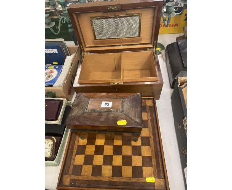 A 19th century tea caddy, box and chess board