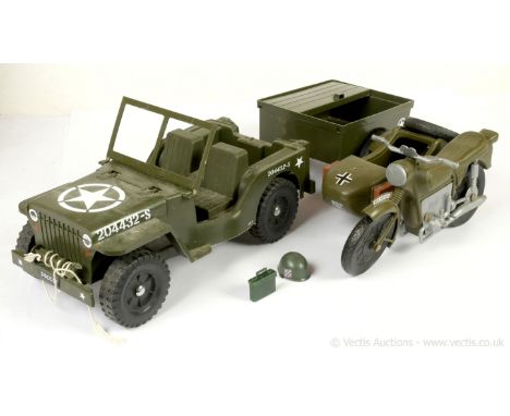 2 x Action Man Vehicles including Cherilea German Motorcycle and Sidecar - military green and a unbranded US Army Jeep with T