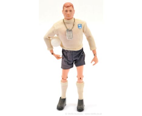 Palitoy Action Man Vintage Action Footballer - light brown painted head figure with metal dog tag, white shirt and socks, blu