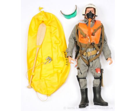 Palitoy Action Man Vintage Scramble Pilot - dark brown painted head figure with grey jumpsuit, metal dog tag, orange life ves