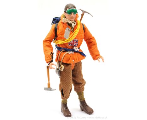 Palitoy Action Man Vintage Mountain Rescue - brown painted head figure with metal dog tag, with orange anorak with Union Jack