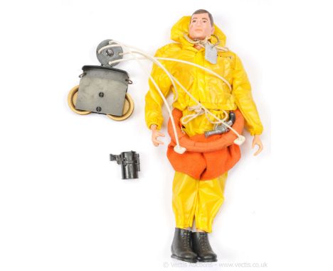 Palitoy Action Man Vintage - Breeches Boy - dark brown painted head figure with metal dog tag, oilskin jacket and trousers, b