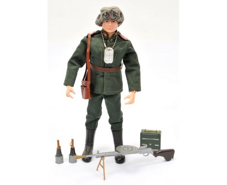 Palitoy Action Man Vintage Russian - dark brown painted head figure with metal dog tag with uniform, fur lined hat, field gla