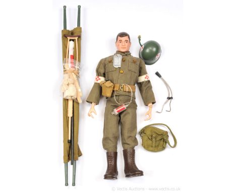 Palitoy Action Man Vintage Medic - dark brown painted head figure with outfit and helmet, arm bands, blood transfusion kit, s