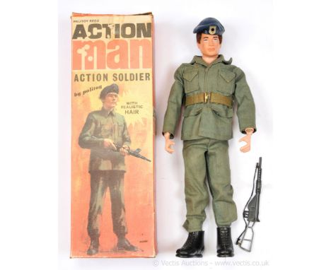 Palitoy Action Man Vintage Action Soldier - flock head figure with uniform, blue beret, belt and Sten gun - Good Plus to Exce