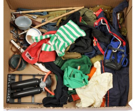 Palitoy Action Man vintage, group of loose accessories to include part uniforms "Celtic Football", life jacket, "Police" helm