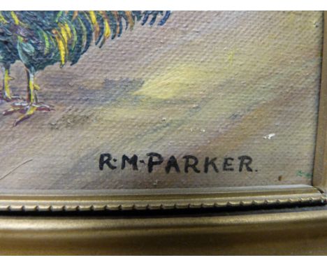 R M Parker: Oil on board of a thatched cottage with stream to foreground, together with two further prints (50 x 60cm)