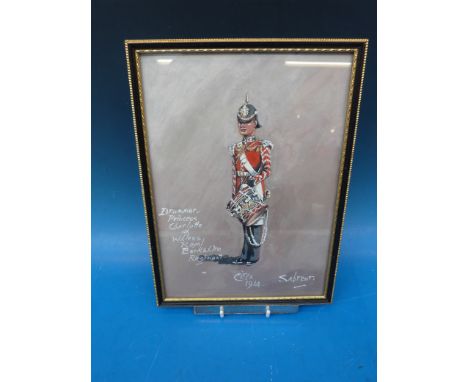 A gouache of a Royal Berkshire Regiment drummer with presentation to Mr R J Daltrey National Army museum.