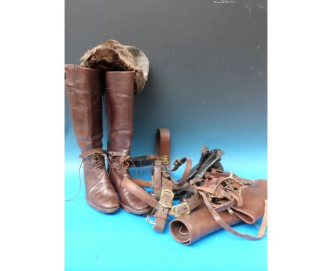 A quantity of WWI era boots etc to include officer's boots, cavalry boots, spurs, horse harness, possible early flying helmet