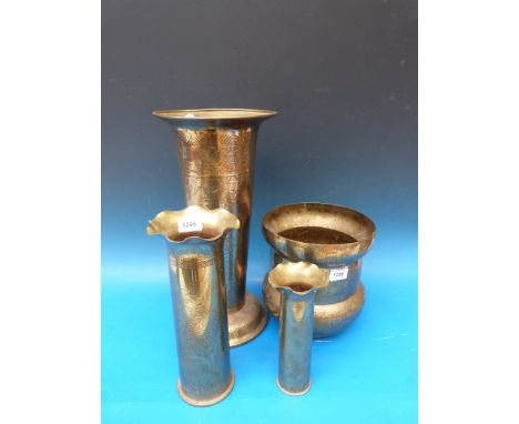 A Chinese brass umbrella or stick stand, two shell cases with Chinese decoration and a brass jardiniere