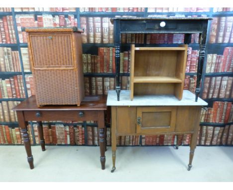 A marble topped washstand, two sidetables, Lloyed loom style bedside cabinet and a small shelf unit