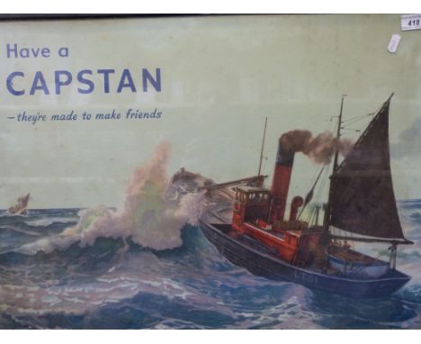A Wills Capstan advertising print of a steam tug boat at sea, in original frame (overall size 50 x 70cm)  