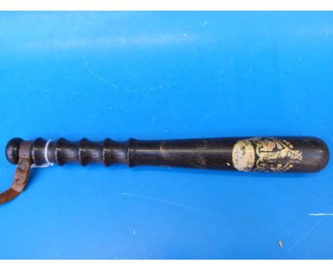 A wooden truncheon with G R cipher and coat of arms (possibly Birmingham) in gilt, J. Hudson and Co embossed to the leather s