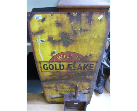 A vintage till, Wills Gold Flake enamel sign and a seed merchants shovel