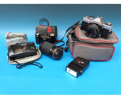 A Minolta camera in case with lens together with another three examples including a Kodak