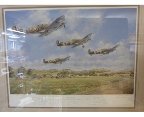 A certified multiple signed limited edition print 226/500 "Inspiration" Spitfires in flight, commemorating the 60th anniversa