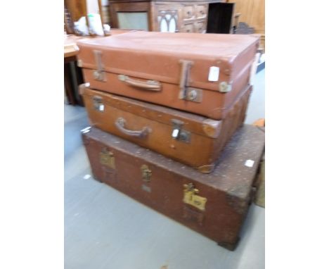 A "Pukka" luggage ash bound trunk with lift out tray retailed by Harrods and another two pieces of vintage luggage 