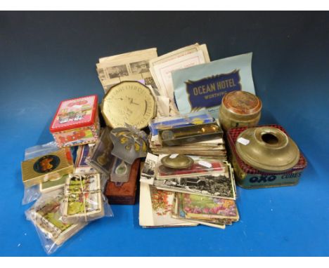 A collection of postcards, including game birds, gardens, countryside etc, theatre programmes, advertising tins, cased pens, 