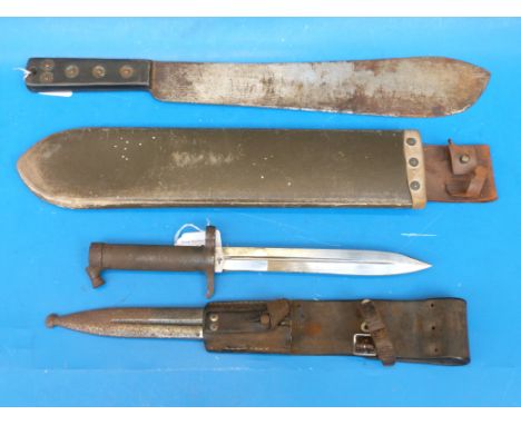 A sheathed bayonet with EJ, AB to blade and a sheathed machete