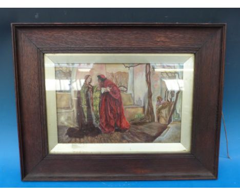 Elizabeth Drake, 1909 painting after E A Abbey "O Mistress Mine, where are you roaming". 7" x 11", in gilt surround and wood 