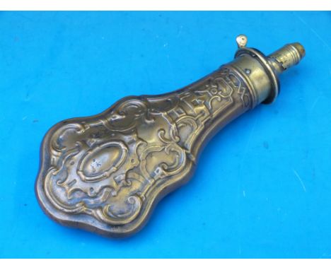 A Sykes patent brass powder flask with embossed decoration (21cm long)