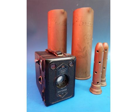 Trench Art Shell cases s5 division REME 1945 and a Zeiss Ikon box camera. 