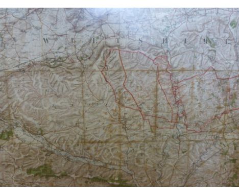 A red enamel war department 'Out of Bounds' triangular sign (height 59cm) together with a military map of Salisbury Plain