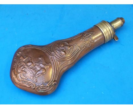 A G & J W Hawksley copper and brass powder flask with embossed hunting scenes (21cm long)