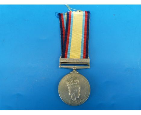 A Gulf War medal awarded to Chief Tech K W Drodge T8076199 RAF, with bar dated 16 Jan to 28 Feb 1991