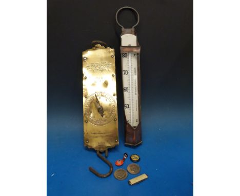 A Negretti & Zambra copper 40-80 degree F thermometer together with a Chatillons milk scale and a quantity of Golly and other