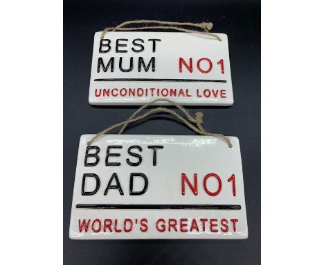 Two ceramic plaques, No1 Best Dad and No1 Best Mum 