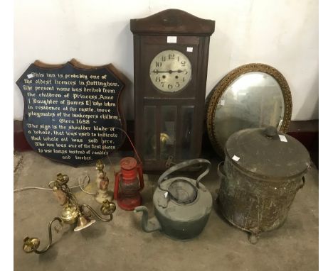 An oak wall clock, gilt framed mirror, brass chandelier, tilly lamp and a vintage pub sign, possibly from the Royal Children 