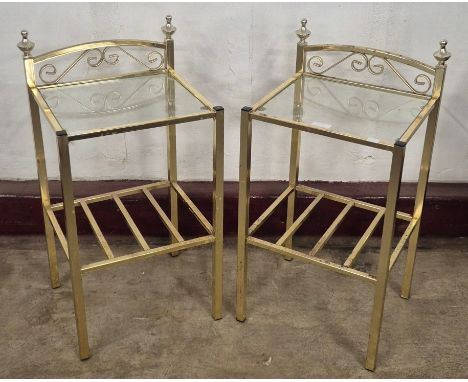 A pair of Italian brass and smoked glass two tier etageres 