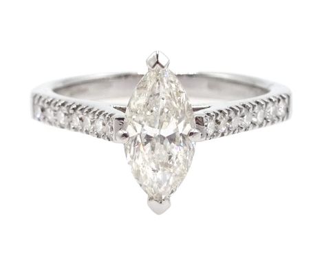 18ct white gold marquise cut diamond ring, with diamond set shoulders, total diamond weight approx 1.00 carat  - Condition Re