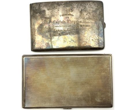 Engine turned silver cigarette case with inscription dated 1950 and another with presentation inscription 1914 11.3oz - Condi