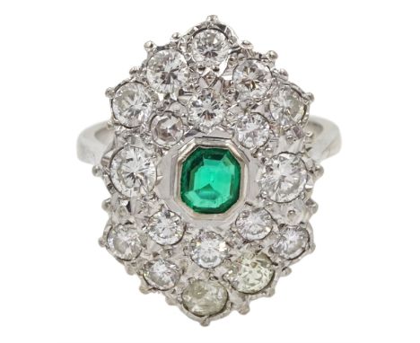 White gold Zambian emerald and diamond cluster ring, stamped 18ct, total diamond weight approx 3.30 carat - Condition Report 