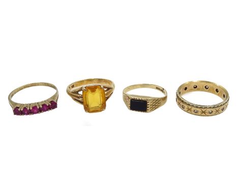 Gold citrine ring, gold onyx ring and a cubic zirconia eternity ring, all 9ct hallmarked or stamped and an 8ct gold stone set