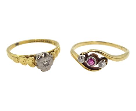 Gold three stone diamond and ruby ring and a single stone diamond ring, heart shaped design, both 18ct hallmarked or tested -